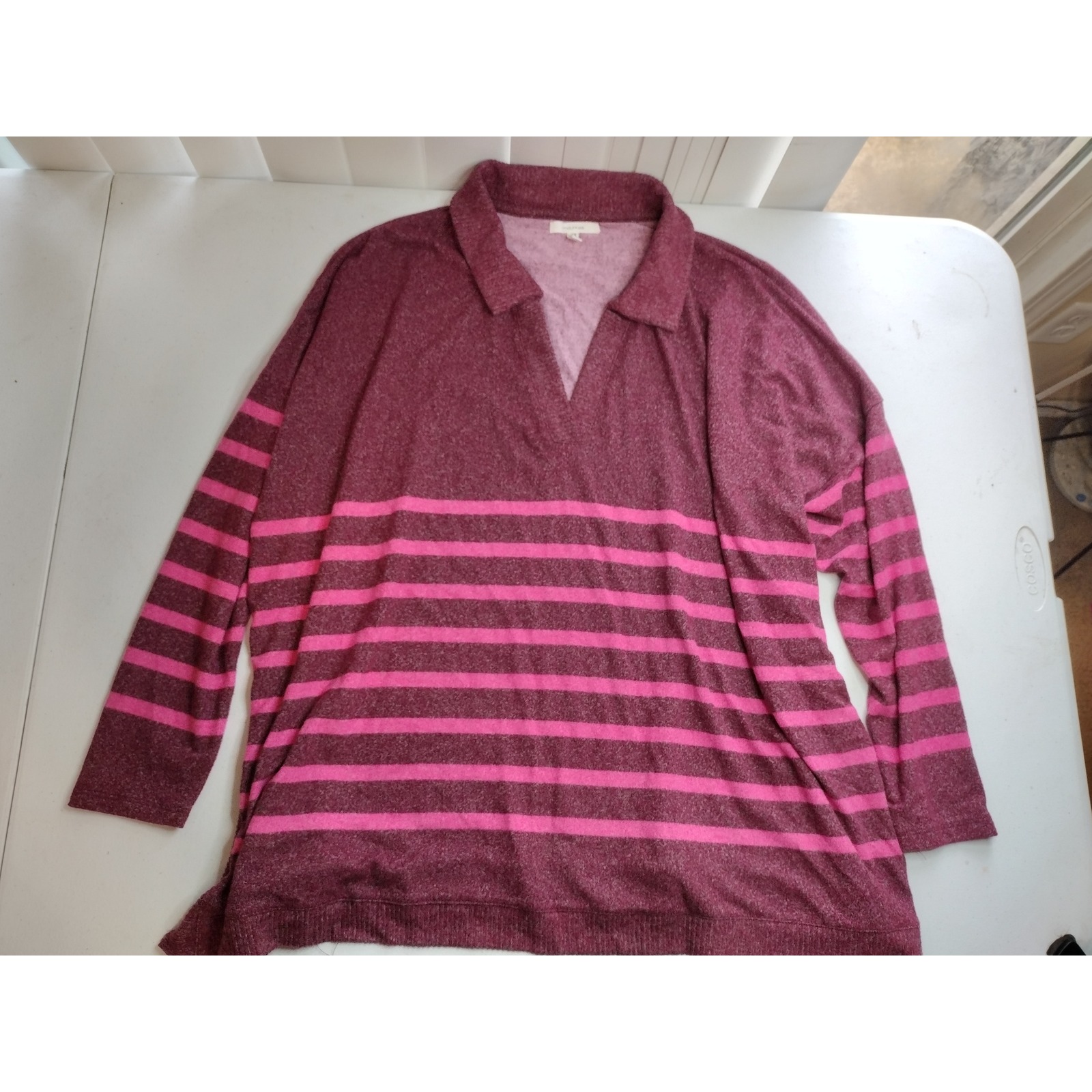 Maurices Womens Xl Burgundy Pink Striped V-Neck Collared Knit Oversized Top